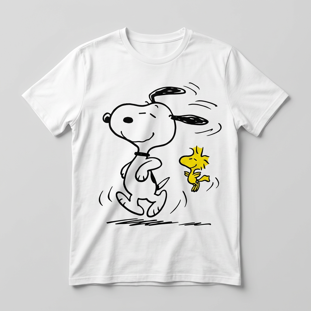 Mockup de polera Snoopy y Woodstock bailando
